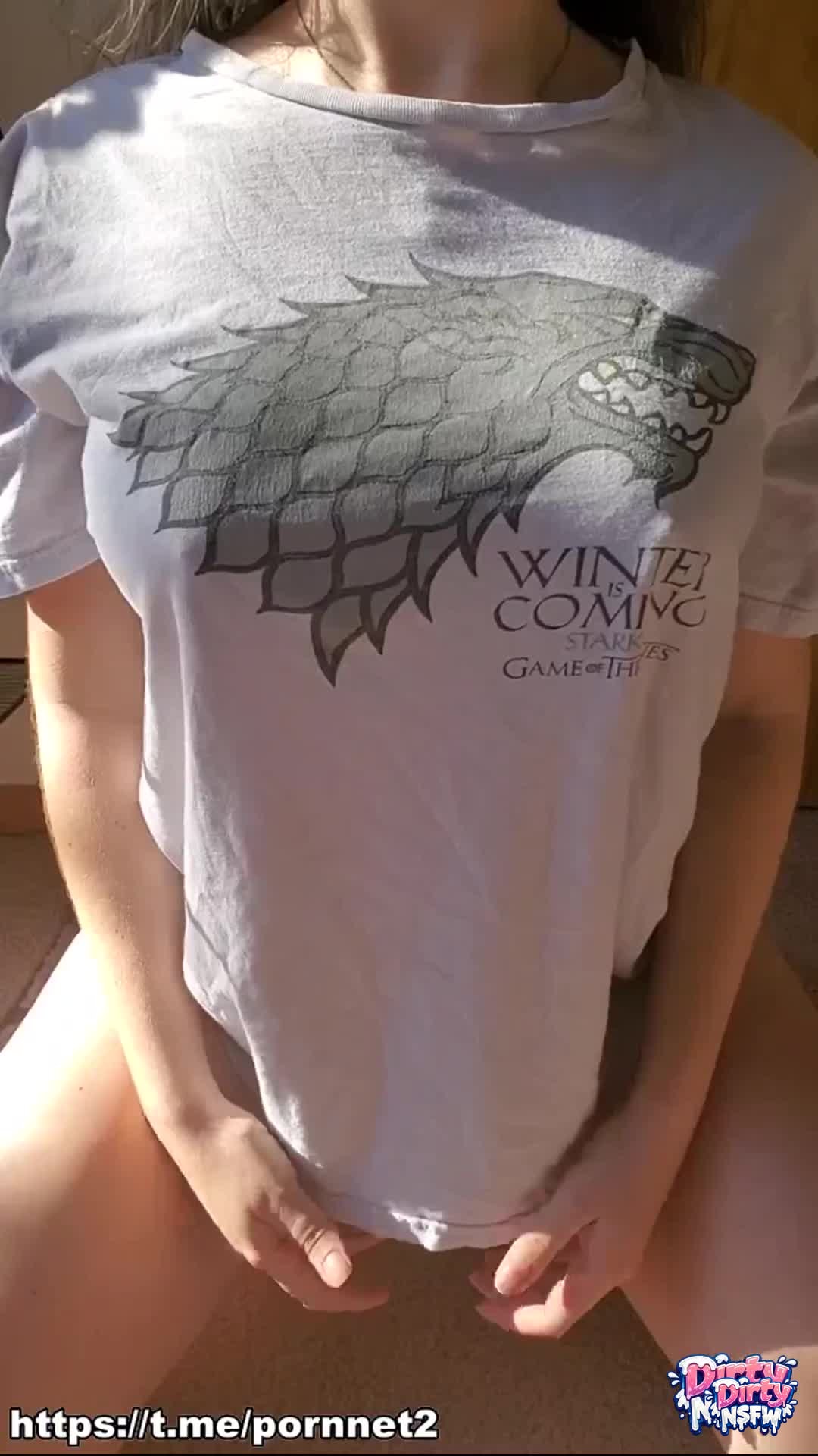 White Game of Thrones Stark T-Shirt and Sunlit Indoor Scene | Young Adults 18+ NSFW Video (indoor-setting, sunlight, casual-w